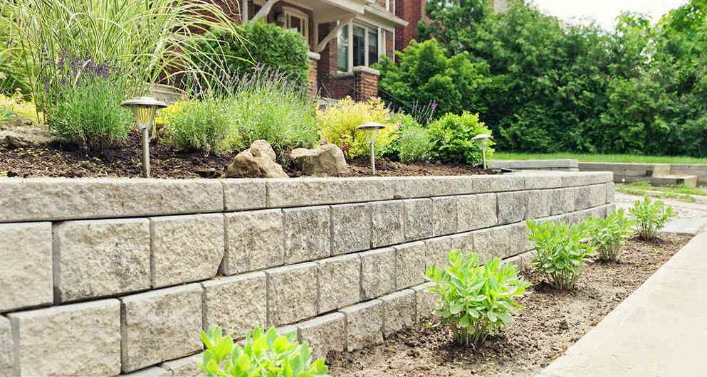 Retaing wall with garden shrubs